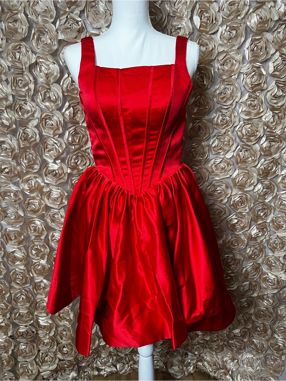 Womens' Red Satin Party Dress with Structured Bodice